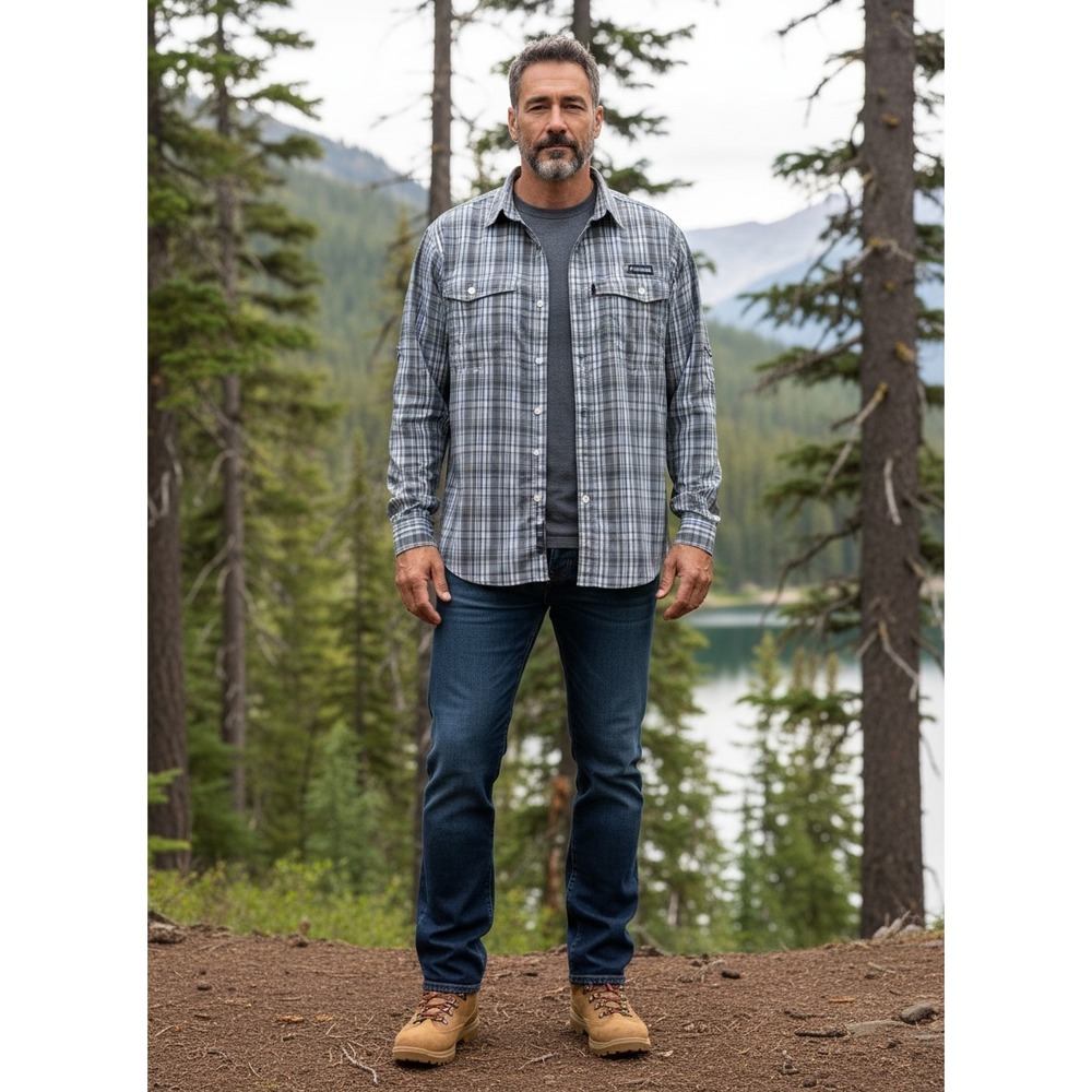 Columbia PFG Tamiami II Long Sleeve Fishing Shirt Grey Blue Plaid Mens UPF 40